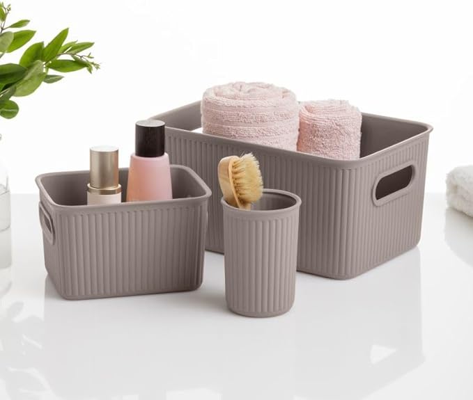 Decorative Plastic Basket Open Home Storage Bins Organizer, Large Taupe (6 Pack) Container Boxes for Organizing Closet Storage Bins for Shelves Drawer Shelf - Ribbed Collection 15 Liter/16 Quart