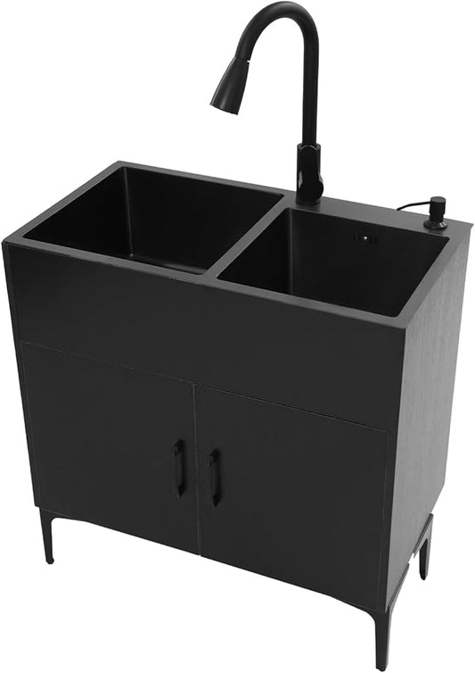 30-Inch Laundry Sink Cabinet with Stainless Steel Sink and Pull-Out Sprayer Faucet, Freestanding Deep Utility Sink with Cabinet Utility Tub for Bathroom Laundry Room Kitchen (Black)