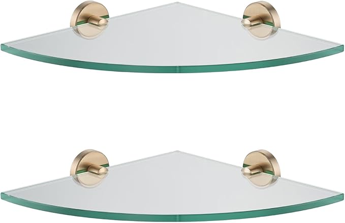 JQK Corner Glass Shelf, Champagne Bronze Bathroom 304 Stainless Steel Shower Triangle Floating Wall Shelf, 10 x 10 Tempered Glass, 2 Pack, TGS190L10-CB-P2