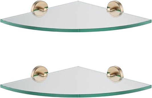JQK Corner Glass Shelf, Champagne Bronze Bathroom 304 Stainless Steel Shower Triangle Floating Wall Shelf, 10 x 10 Tempered Glass, 2 Pack, TGS190L10-CB-P2