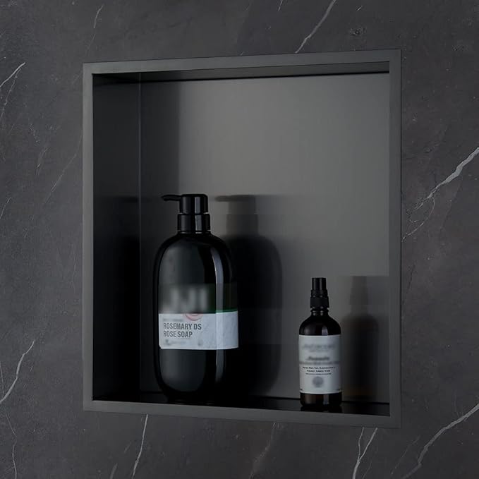 Shower Niche, 14"x14" No Tile Needed, The Insert Storage Square Shower Shelf is Easy to Install, Stainless Steel, Black grey