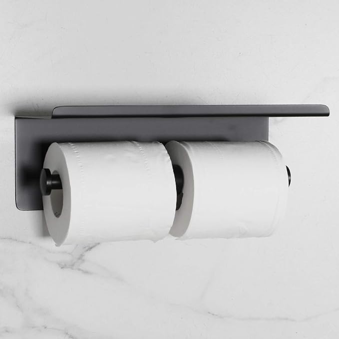 Double Toilet Paper Holder with Shelf Matte Black, Bathroom Accessories Decor SUS 304 Stainless Steel Modern Paper Towel Holder Plus Cell Phone Wall Storage