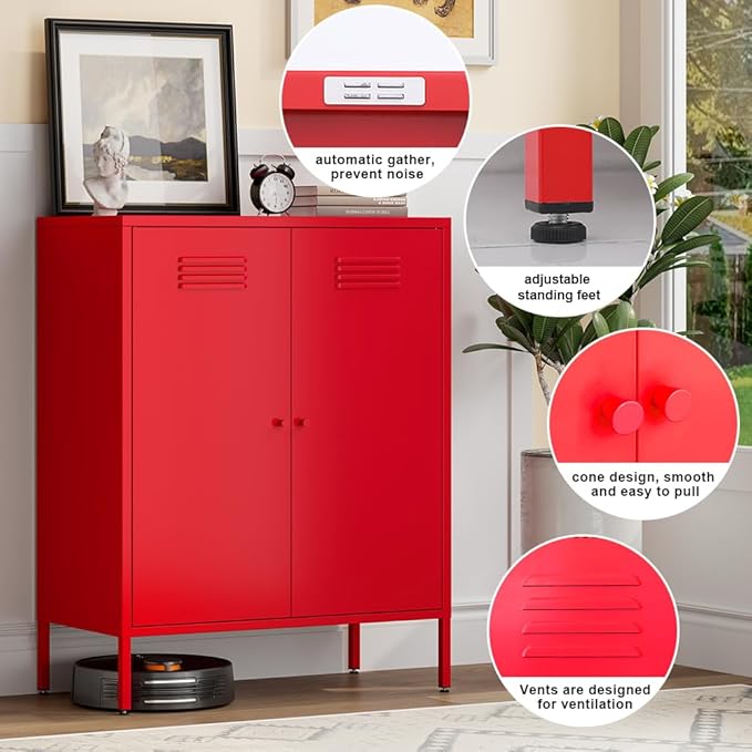 Red Metal Locker Storage Accent Cabinets with 2 Adjustable Shelves, 3 Tier Metal Storage Cabinet with Legs, Steel Cupboard Lockers for Kids Bedroom, Home, Office, Entryway, Kitchen