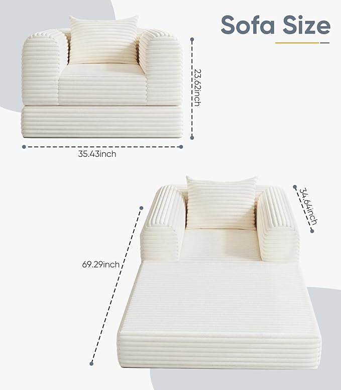 Versatile 2 In 1 Armchair Convertible Chaise Longue Small Couches Fomfy Bean Bag Chair for Small Spaces, Portable Chair Bed Comfy Floor Sofa Lounge Couch for Bedroom, Apartment, 1 Seater, Beige
