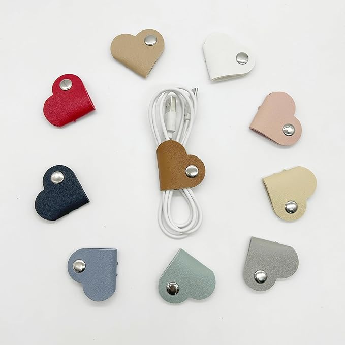 20 Pcs Heart Cord Organizer, PU Leather Cable Straps, Portable Cable Straps for Headphone, Cute Earphones Winder for Travel, School, Office (10 Colors)