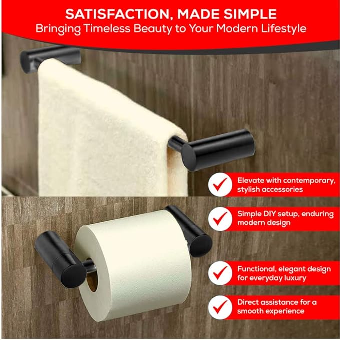 Contemporary Design 4-Piece Bathroom Hardware Accessory Set, Bathset 24 Inch Towel Bar, Hand Towel Bar, Toilet Paper Holder and Robe Hook, Rack Set Wall Mounted (Matte Black, 4 Piece Set)