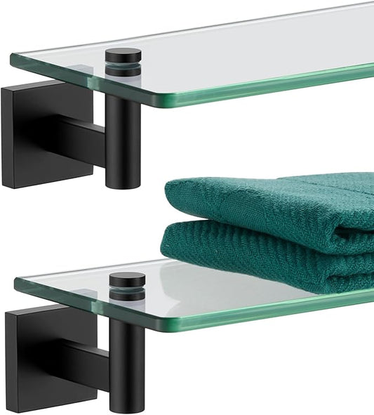 KOKOSIRI Bathroom Shelves Glass Floating Shelf 20-Inch for Bedroom Living Room Kitchen Hanging Rack Rustproof Wall Mounted Black 2 Pack B1105BK-L20-P2