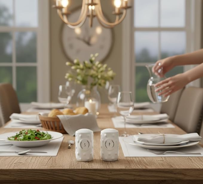 Young's Inc Cottagecore Ceramic Salt and Pepper Shaker Set, Farmhouse White Rustic, Vintage Country Kitchen Table Decor Seasoning Set, Cute Cottage Kitchen Accessories,3.5 Inch