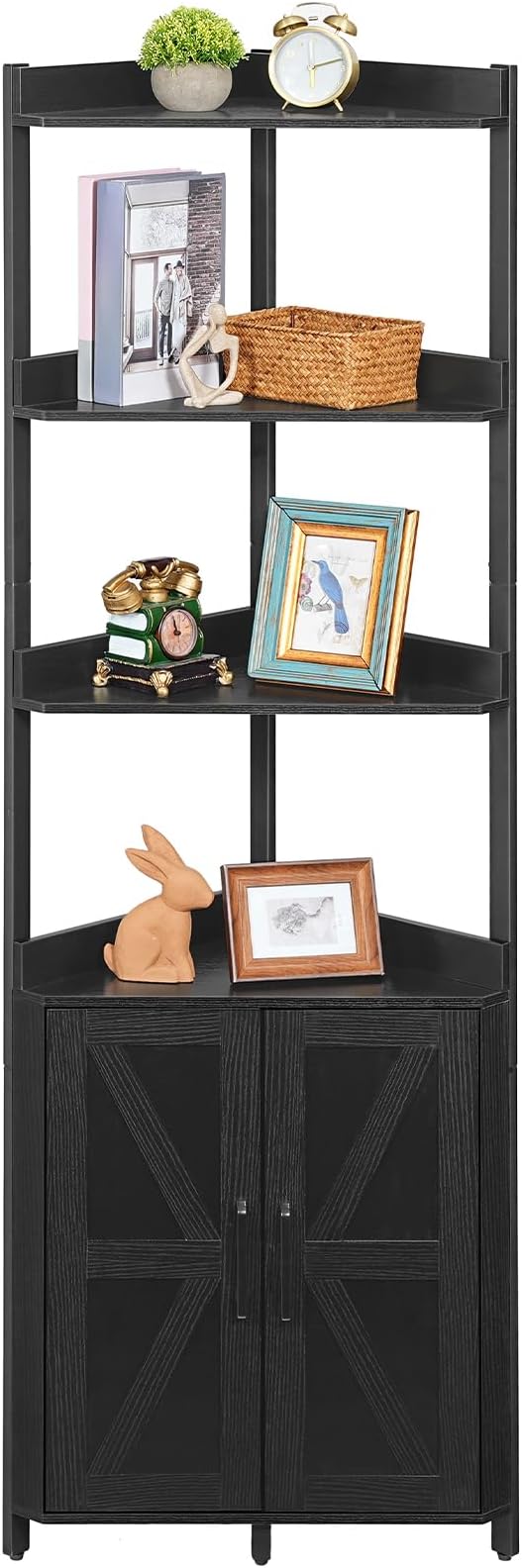 HOOBRO Corner Shelf With Storage, Tall Cabinet, 5-Tier Bookshelf Stand With Protective Fence for Living Room, Black BB78CJ01