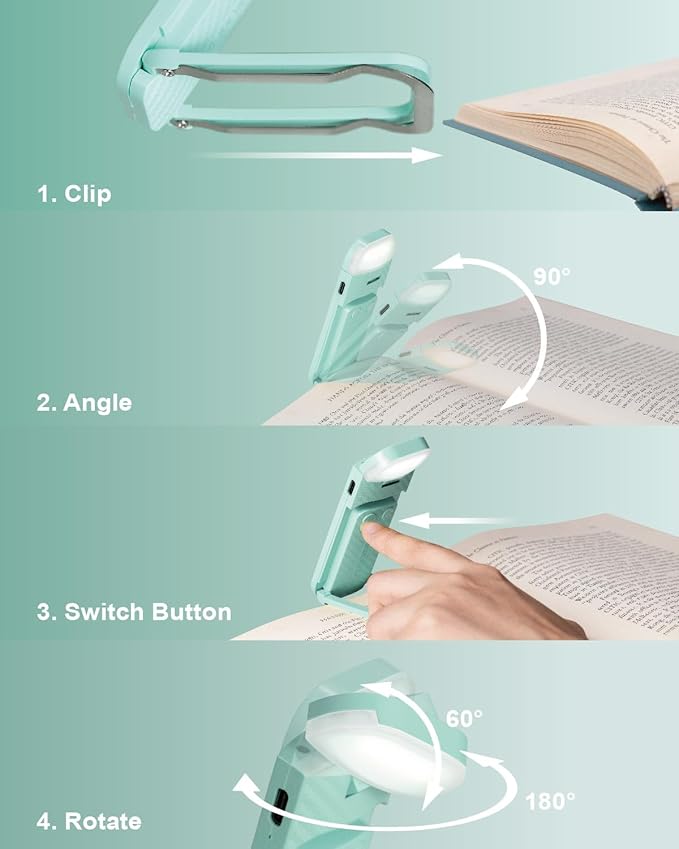 Book Reading Light, Rechargeable Clip on Booklight, Eye Caring 3 Color Temperatures & 5 Brightness Levels, Night Use for Bed, Long Lasting, Reading at Night in Bed, Light Blue