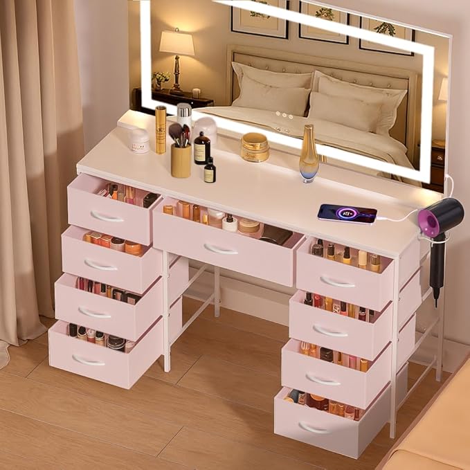 COMHOMA Vanity Desk with Large Mirror,LED and Power Outlet,Makeup Table with 9 Storage Drawersand HD Mirrors,3 Color Modes Adjustable Lighting for Bedroom Dressing Room (Pink, 47inch)
