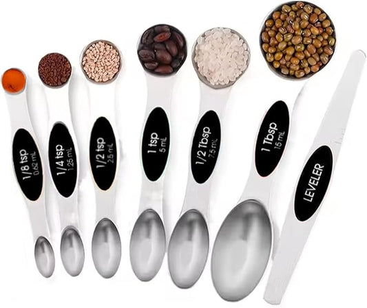 Set of 7 Stainless Steel Magnetic Measuring Spoons Set with Leveler - Stackable Tablespoon Measure Spoon for Baking and Cooking, Kitchen Gadgets for Apartment Essentials (Black)