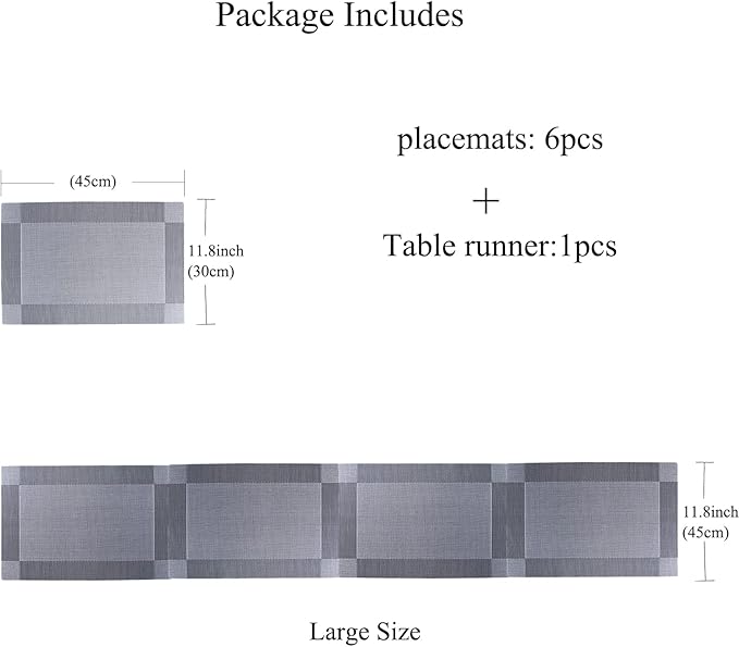 Placemats, Washable PVC Table Mats, Woven Vinyl Placemat for Dining Table Place Mats Set (6 placemats and 1 Table Runner, Silver and Grey)