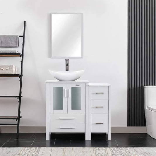 eclife 36" Modern Bathroom Vanity Sink Combo Freestanding Cabinet with Small Side Cabinet, White Boat Ceramic Vessel Sink, Water Save Faucet, Drain (White+T44)