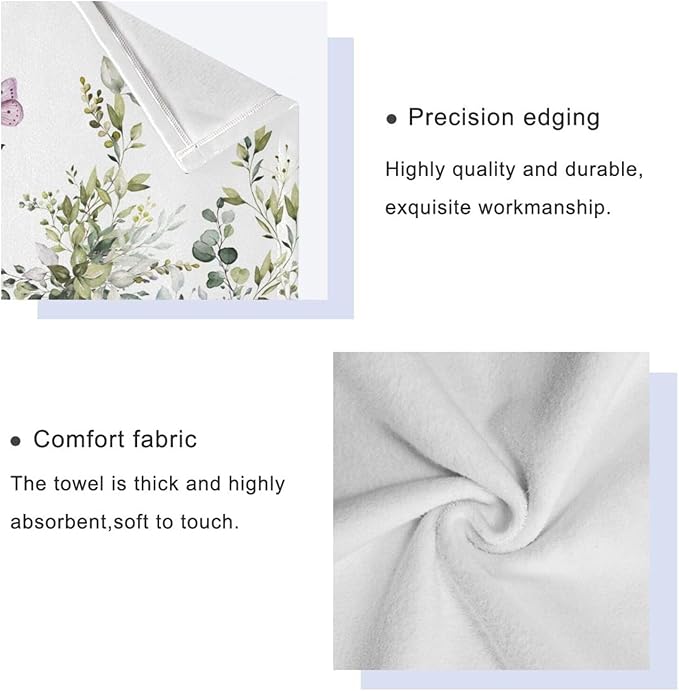 Sage Green Leaves Towels Set, 3 Piece Watercolor Eucalyptus Butterfly (1 Bath, 1 Hand, 1 Washcloth), Absorbent Microfiber Decorative Bathroom Towels for Hair, Face