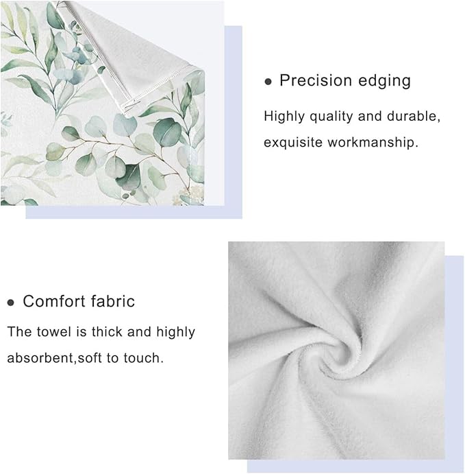 3 Piece Sage Green Eucalyptus Bath Towels Set,Microfiber Absorbent Vintage Watercolor Leaves White Floral Towels for Bathroom,1 Bath Towel,1 Hand Towel,1 Washcloth,Decorative Bathroom Towels