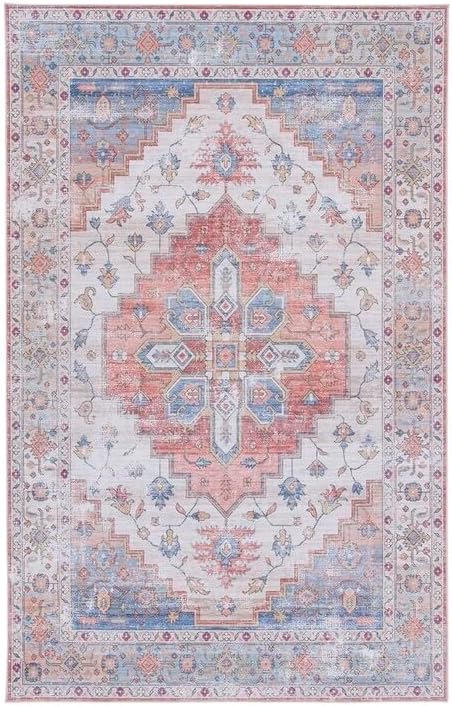 SAFAVIEH Washable Rug Tucson Collection - 2'6" x 4', Beige & Blue, Slip Resistant & Easy to Clean, Ideal for Living Room, Bedroom, Dining Space (TSN109B)