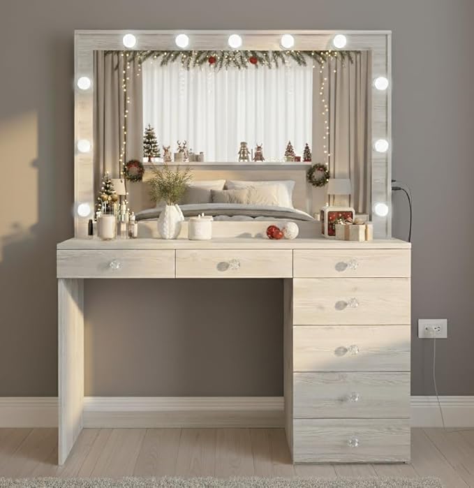 Boahaus Serena White Makeup Vanity with Mirror and 11 Lights, 7 Drawers, Glass Top, Crystal Knobs, USB-A & USB-C Ports, 110V Power Outlet, Bedroom Vanity Desk (Grey)