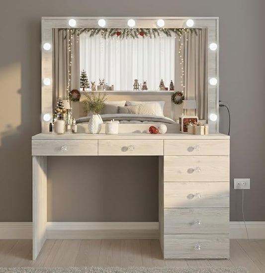 Boahaus Serena White Makeup Vanity with Mirror and 11 Lights, 7 Drawers, Glass Top, Crystal Knobs, USB-A & USB-C Ports, 110V Power Outlet, Bedroom Vanity Desk (Grey)