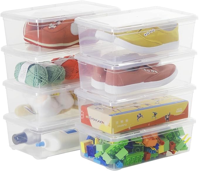 6 Quart Stackable Plastic Storage Shoebox, BPA-Free Nestable Container with Latching Lid to Organize Shoes, See-Through Box for Home and Office, Multi-Purpose Clear Bins (Transparent, 8 Pack)