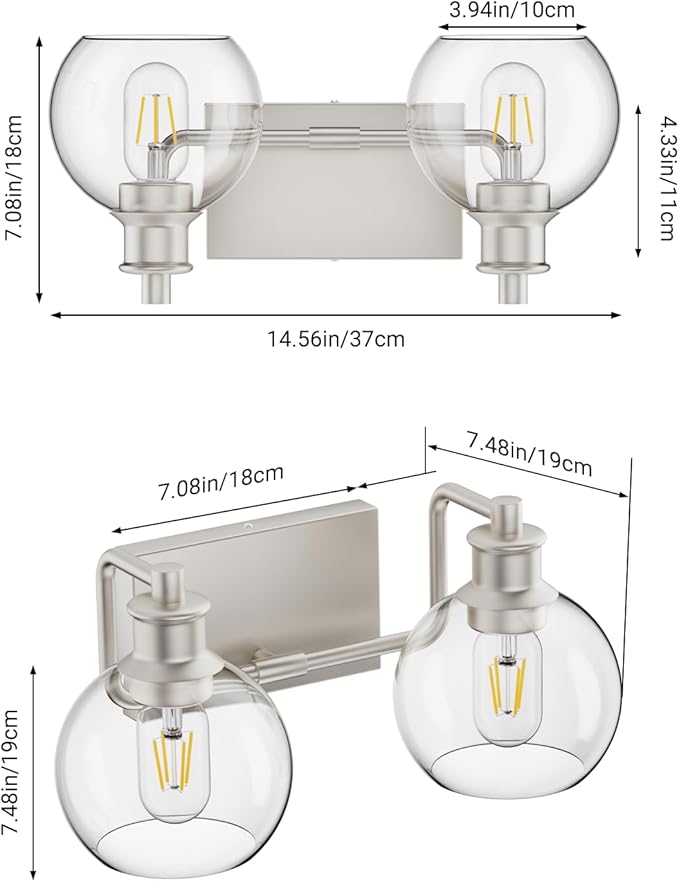 Tipace 2 Lights Modern Bathroom Vanity Light Fixtures Over Mirror Brushed Nickel Industrial Vanity Lights with Globe Clear Glass Farmhouse Wall Sconces Fixture(Exclude Bulb)