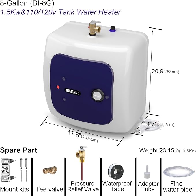 110V-120V 1500W Small Electric Under Sink Tank 8 Gallon Hot Water Heater Storage,Food Trucks Instant RV TR Trailer Kitchen Compact,Wall or Floor Mounted, Easy to Install,30L