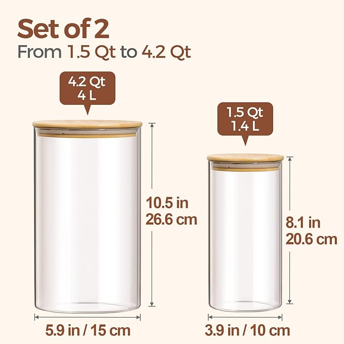 ComSaf Glass Food Storage Containers with Bamboo Lid (4.2Qt/1.5Qt), Glass Jar with Airtight Lid Clear Glass Food Canister Set of 2 for Dry food like Rice, Sugar, Flour, Pasta, Cereal, Beans, Nuts