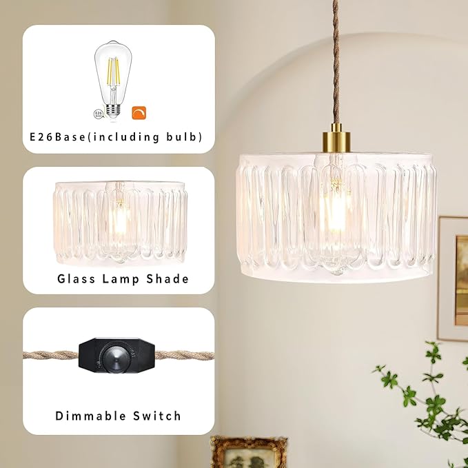 Glass Plug in Pendant Light Hanging Lights with Plug in Cord Milk White Hanging Lamp Gold Dimmable Mid Century Modern Plug in Chandelier Ceiling Fixture for Living Room,Kitchen,Boho