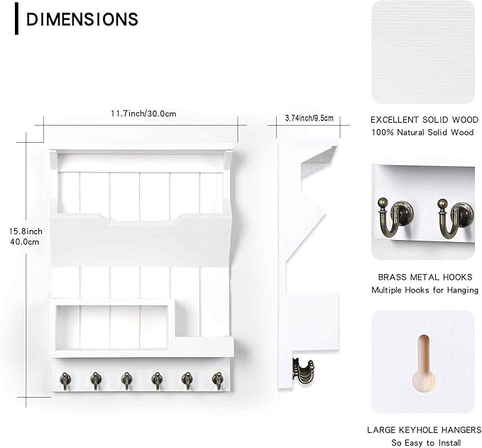 Key Holder for Wall, Mail Organizer Wall Mounted, Mail and Key Holder with 6 Key Hooks for Home Decor, Pine Wood White