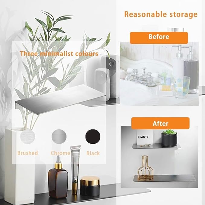16Inch Stainless Steel Wall Mounted Floating Shelf Drilling or Shelf Adhesive Modern Room Decor Wall Shelf Floating Shelf for Bathroom Bedroom Decor