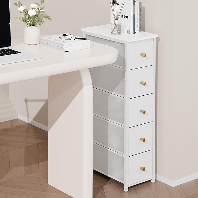Narrow Storage Cabinet for Small Spaces Slim Skinny Bathroom Dresser Tall Dorm Nightstand Thin Organizer for Bathroom Bedroom (White, 5 Drawers)