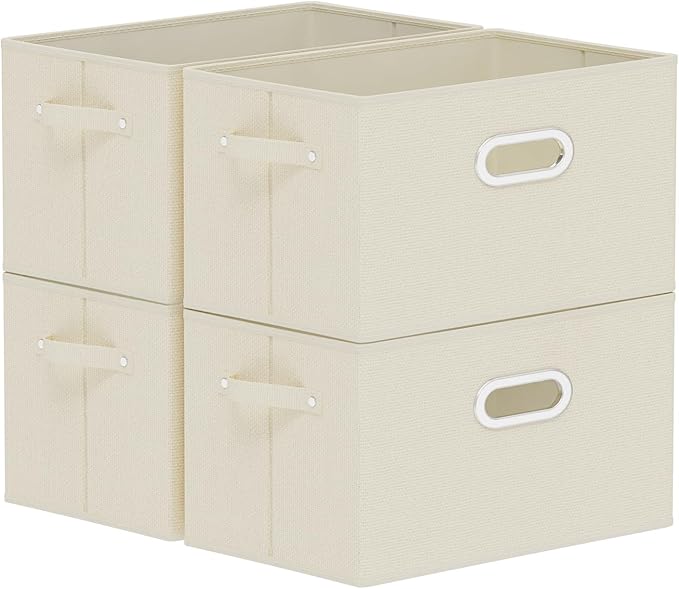 Foldable Cloth Basket with 4 Handles, Decorative Open Storage Boxes, Stackable Cube Organization, Fabric Bins for Shelves, Closet, Living Room, 13x9.1x7.9in, Beige, 4 Pack