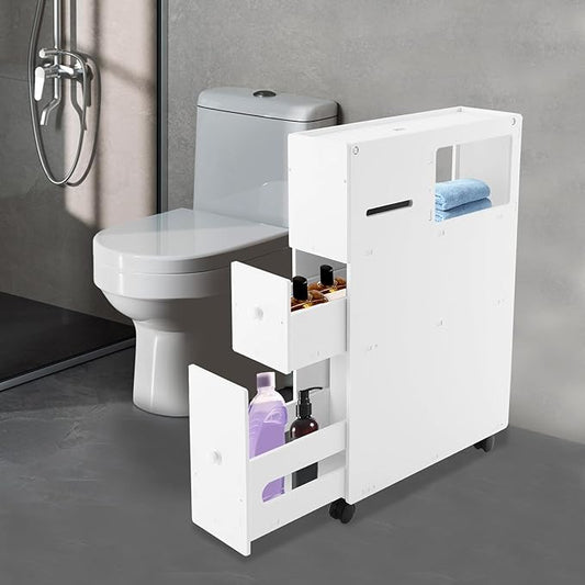 Xuthusman Slim Bathroom Floor Cabinet Toilet Storage Organizer W/Shelf Free Standing Cabinet with Slide Out 2 Drawer and Wheels White