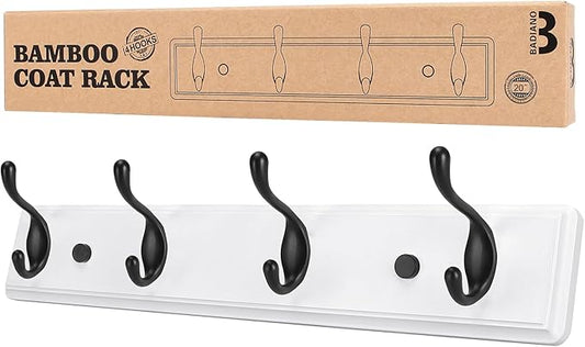 Badiano Wooden Coat Rack, Wall-Mounted Organizer for Closet, Entryway, Hallway, Foyer, Bedroom, Heavy Duty Double Hooks for Hanging Towels, Bags, Hats, Jackets, Key (WhiteBlack, 4 Hooks)
