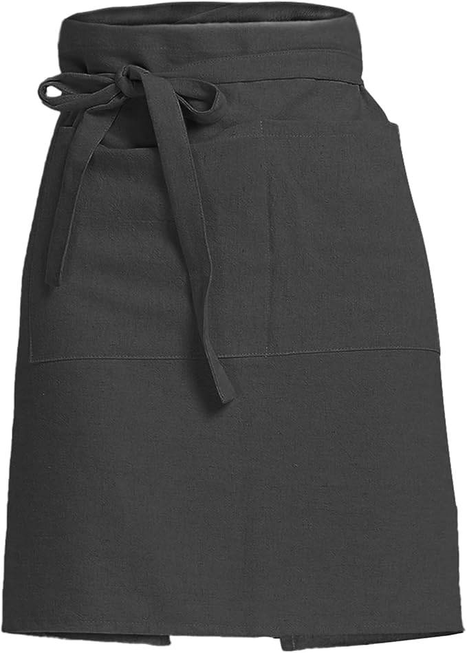 Cityelf Linen Server Apron Cotton Bistro Half Apron with Large Pockets Waist Kitchen Apron for Cooking Waitress