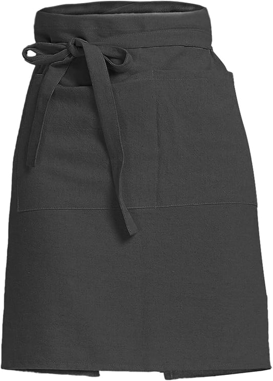 Cityelf Linen Server Apron Cotton Bistro Half Apron with Large Pockets Waist Kitchen Apron for Cooking Waitress