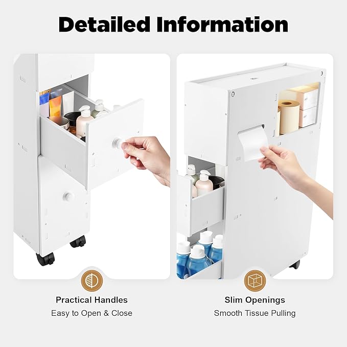 4-Tiers Small Spaces Cabinet for Bathroom, Narrow Toilet Side Organizer with Toilet Paper Slots and 2 Drawers, 4 Movable Wheels, PVC Material, BPA Free
