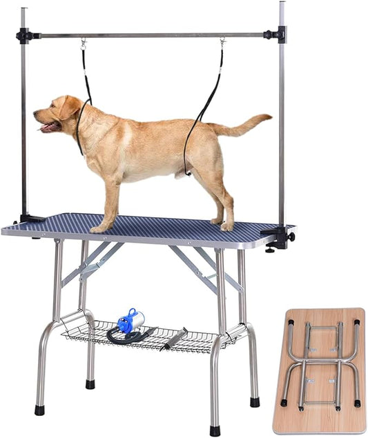 Large Dog Pet Grooming Table, Professional Adjustable Cat Drying Table, Foldable Trimming Station with Arms, Nooses, Mesh Tray, Maximum Capacity Up to 330lbs, 36''/Blue
