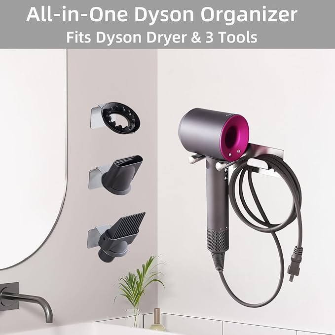Dyson Hair Dryer Holder, Hair Dryer Wall Mount Organizer for Supersonic & Nural, Stainless Steel Dyson Blow Dryer Holder with Magnetic Rings, Waterproof & Rust Resistant for Bathroom/Salon