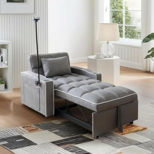 Convertible Sleeper Chair, Pull Out Chair Sleeper with Bracket and Cup Holder, Chairs Bed Sleepers for Adults, 3 in 1 Sofa Bed Chairs for Small Spaces, Living Room, Gray