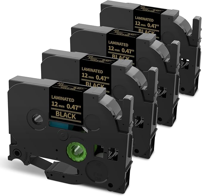 Oozmas Compatible with Brother P-Touch Label Tape Gold on Black Tze-334 TZe334 Ptouch Tze TZ 12mm 0.47 Inch Standard Laminated Work for Brother PT-D210 PT-D200 PT-H100 Label Maker Tape, 4-Pack