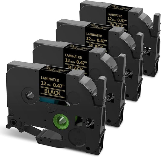 Oozmas Compatible with Brother P-Touch Label Tape Gold on Black Tze-334 TZe334 Ptouch Tze TZ 12mm 0.47 Inch Standard Laminated Work for Brother PT-D210 PT-D200 PT-H100 Label Maker Tape, 4-Pack