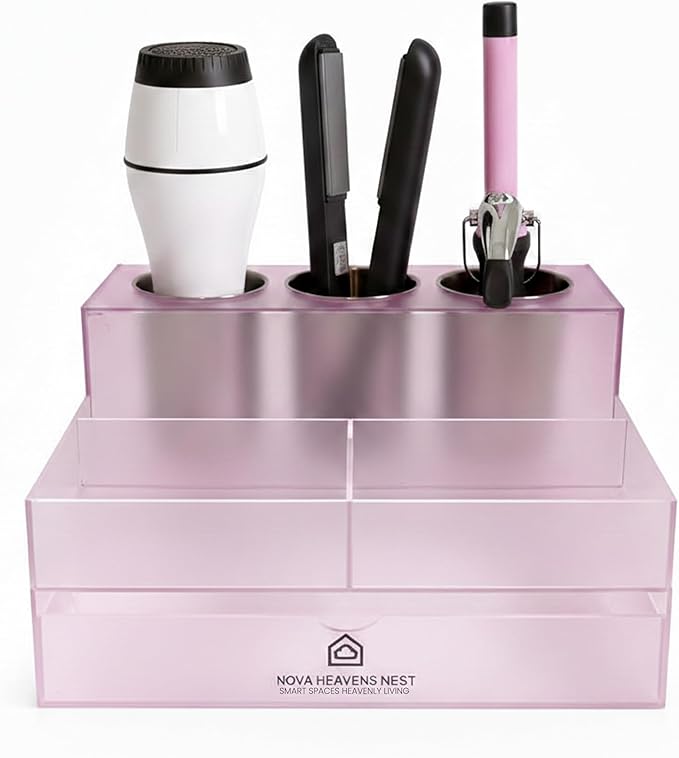 NovaHeavensNest Premium Vanity Hair Tool Organizer Translucent Frozen Acrylic | Large Bathroom Organizer Countertop & Drawer Storage for Hair Tools | Slip-Resistant Hairdryer & Curling Iron Holder