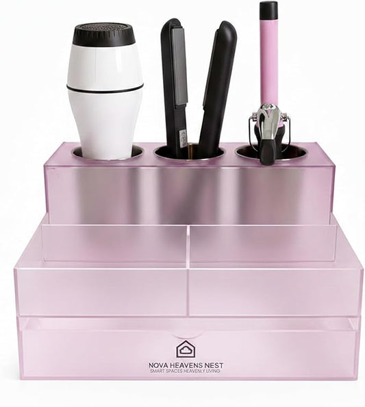 NovaHeavensNest Premium Vanity Hair Tool Organizer Translucent Frozen Acrylic — Large Bathroom Organizer Countertop & Drawer Storage for Hair Tools — Slip-Resistant Hairdryer & Curling Iron Holder