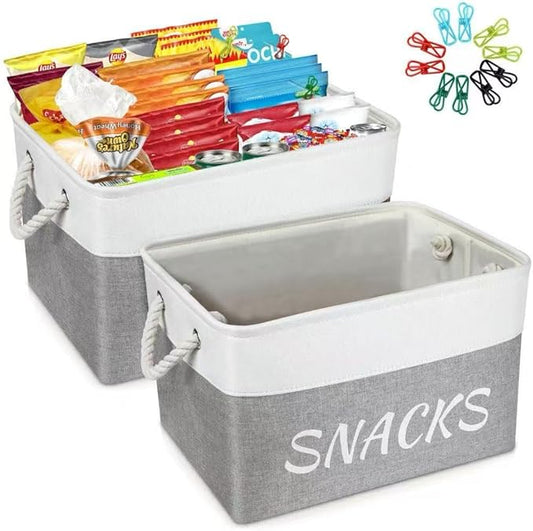 Snack Organizer for Pantry, Decorative Snack Basket with 10pcs Chip Clips, Snack Organizer for Desktop, Collapsible Shelf, Office, Kitchen and More (Grey, Medium-2 Pack)