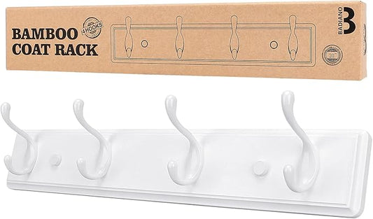 Badiano Wooden Coat Rack, Wall-Mounted Organizer for Closet, Entryway, Hallway, Foyer, Bedroom, Heavy Duty Double Hooks for Hanging Towels, Bags, Hats, Jackets, Key (White, 4 Hooks)
