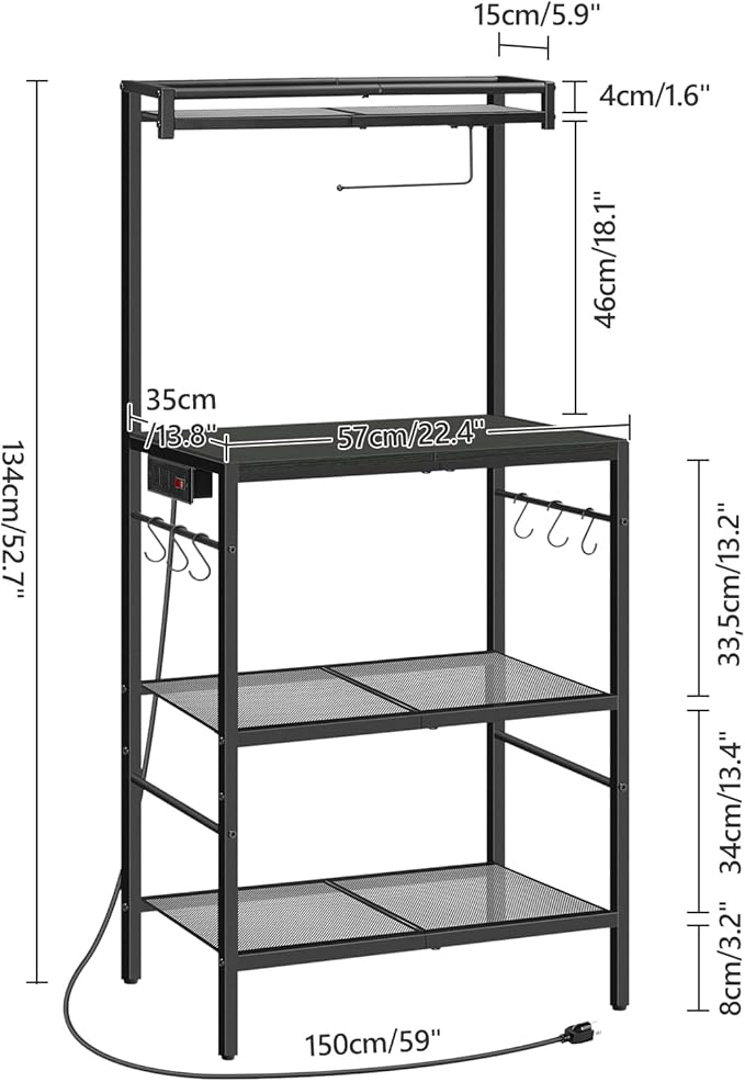 Bakers Rack with Power Outlet, Microwave Stand with Paper Holder, Bakers Rack with Storage, Coffee Bar Station with 6 Hooks, for Kitchen, Dining Room, Black BRBK36E01