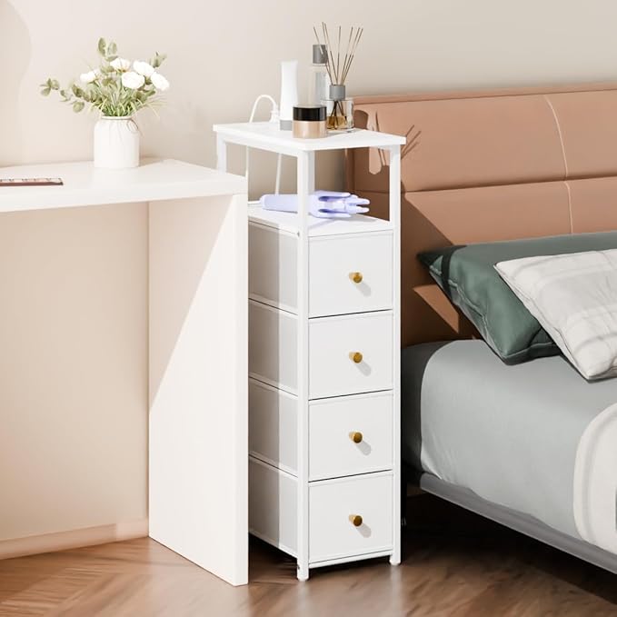 Narrow Storage Cabinet for Small Spaces Slim Bathroom Dresser with Drawers Tall Thin Storage Organizer for Bathroom Bedroom Skinny Cabinet(White, 4 Drawers with Charging Station)