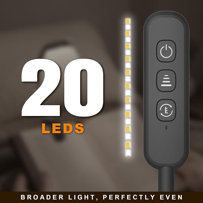 Rechargeable 20 LED Book Lights for Reading at Night - Energy Saving with Extended 60Hrs Runtime, 15-Level Stepless Dimming, Flexible Lightweight Clip on Light for Studying, Travel, Black