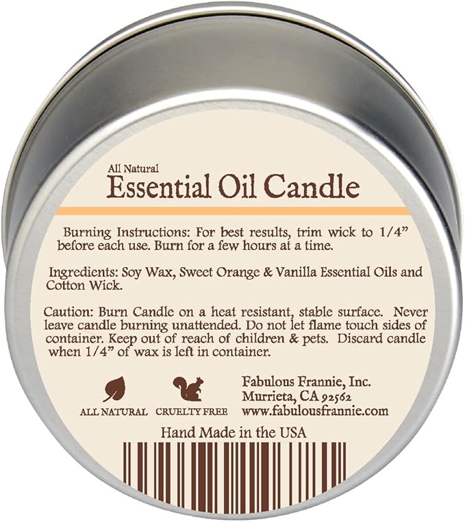 Fabulous Frannie All Natural Aromatherapy Soy Candle Travel tin Made with Pure Essential Oils 100 Hours Burn time 6oz (Orange Vanilla)